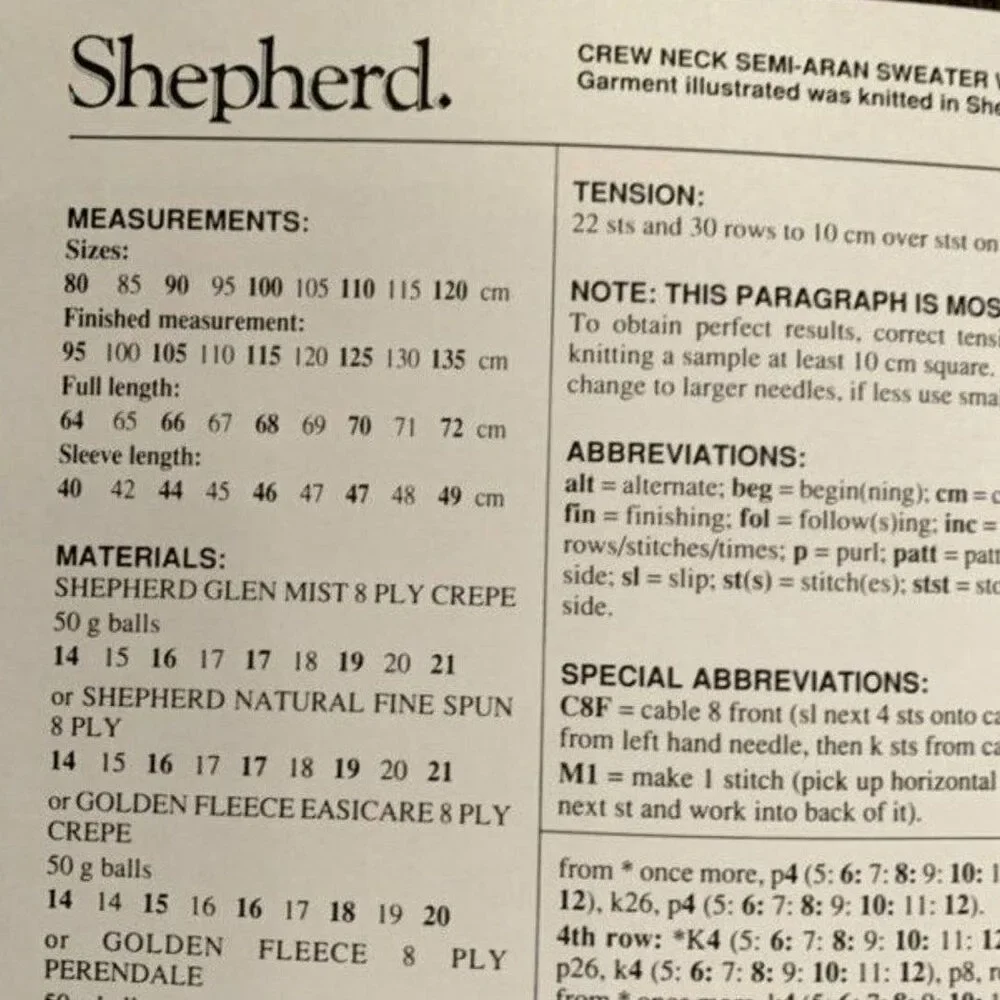 New Shepherd 1869 8 Ply Crew Neck Semi-Aran Pullover Sweater Knitting Pattern